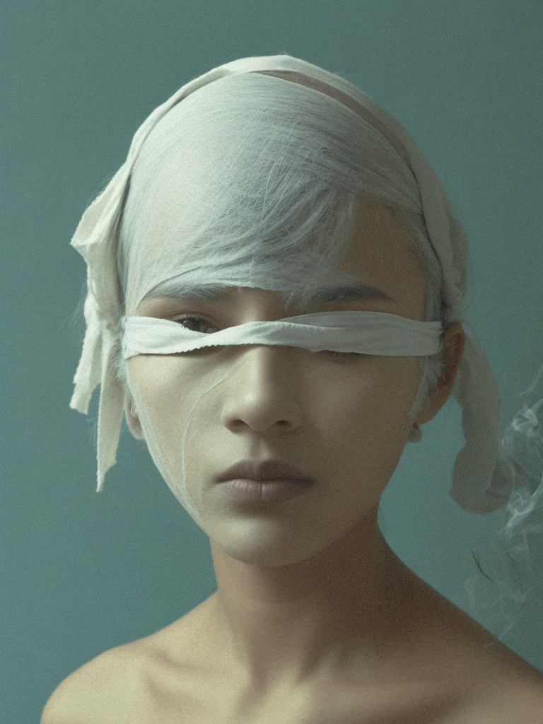 2Default_portrait_photo_a_woman_blue_background_blindfolded_bla_1